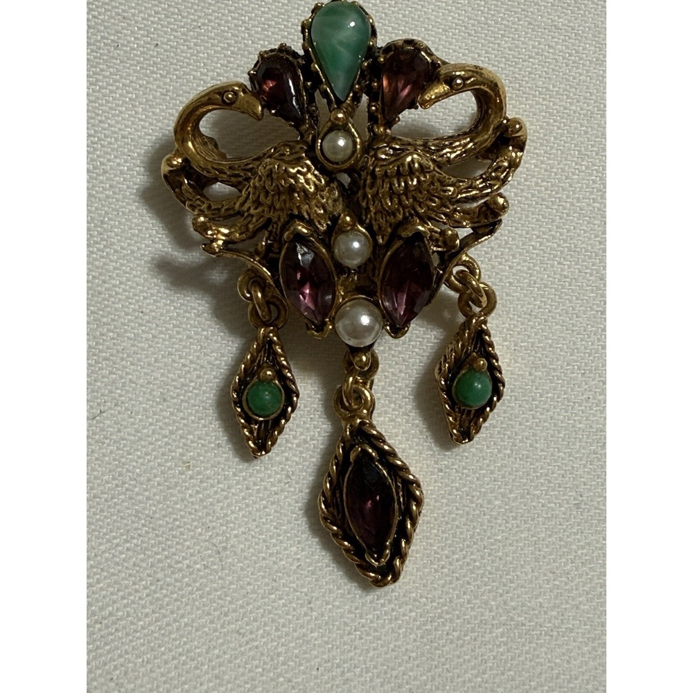 Vintage Florenza Renaissance Style Brooch Signed Swans Bird 3 Dangles Pin